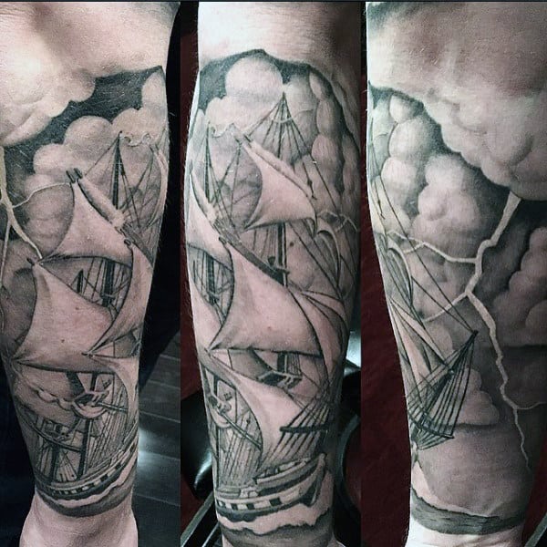 Ship Sailing Through Stormy Weather Nautical Mens Forearm Sleeve Tattoo