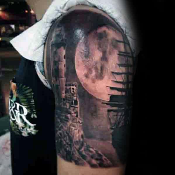 Ship Sailing Under Moon Realistic Quarter Sleeve Tattoos For Men