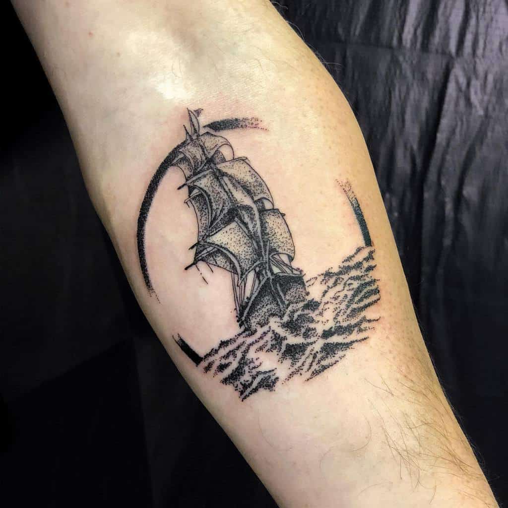 Black and gray dotwork tattoo of a sailing ship on rough ocean waves, framed by a broken circular design