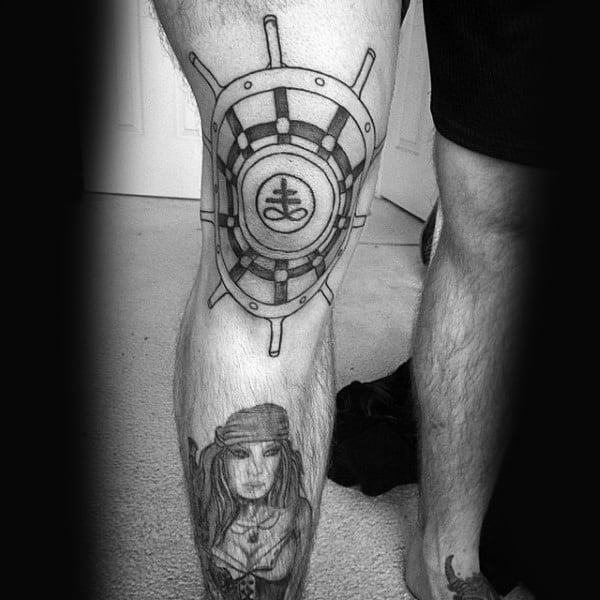 Ship Wheel Mens Outline Black Ink Knee Tattoos