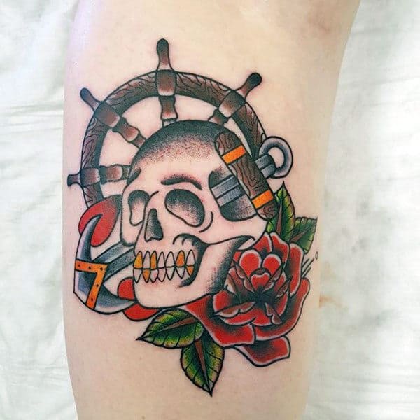 Ship Wheel Skull And Traditional Anchor Mens Arm Tatotos
