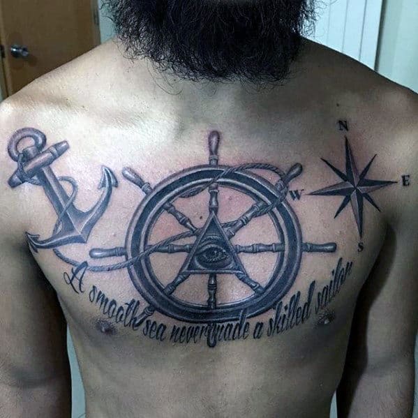 Ship Wheel With Anchor Mens Chest Tattoo