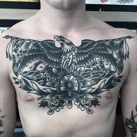Ship Wheel With Eagle Mens Chest Tattoo Ideas