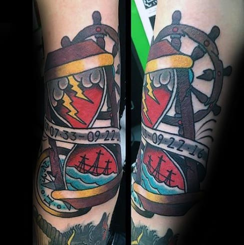 Ship Wheel With Traditional Hourglass Mens Nautical Themed Arm Tattoo