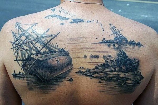 Ship Wreck Mens Realistic Upper Back Tattoo Inspiration