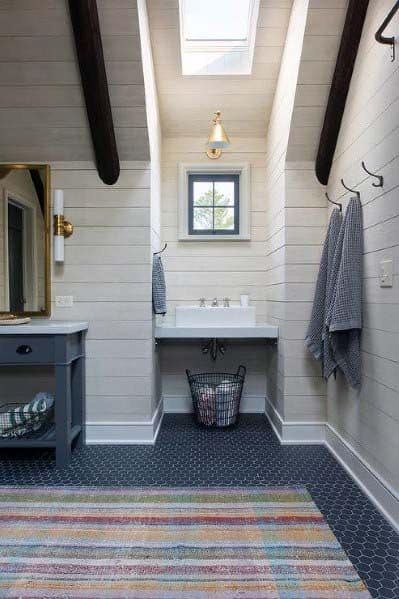shiplap vanity wall in large modern bathroom