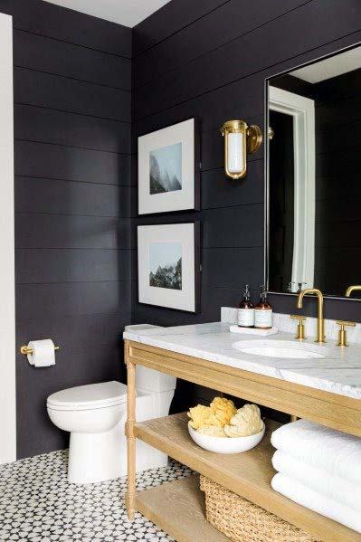 black shiplap wall in modern bathroom