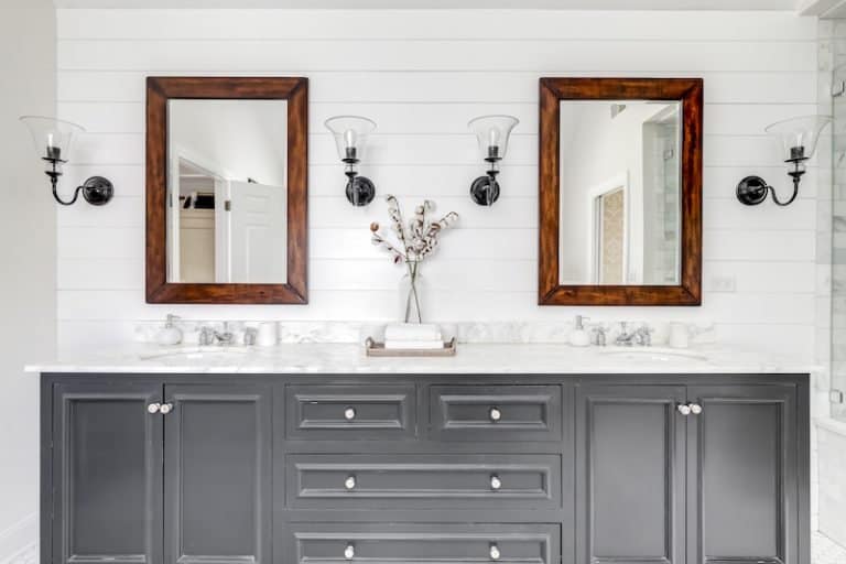 shiplap wall bathroom with gray cabinet vanity