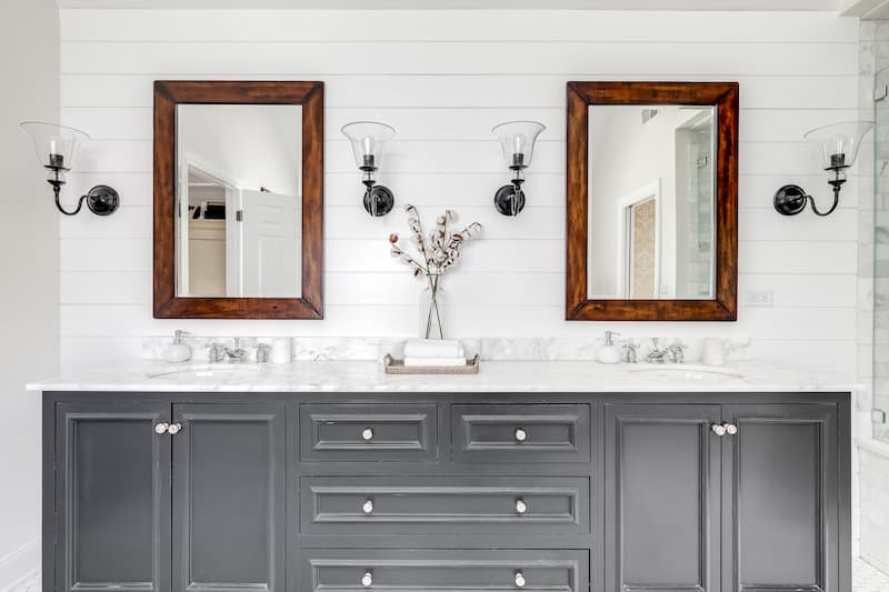 shiplap wall bathroom with gray cabinet vanity