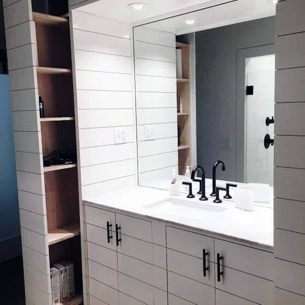 shiplap cabinetry in modern bathroom