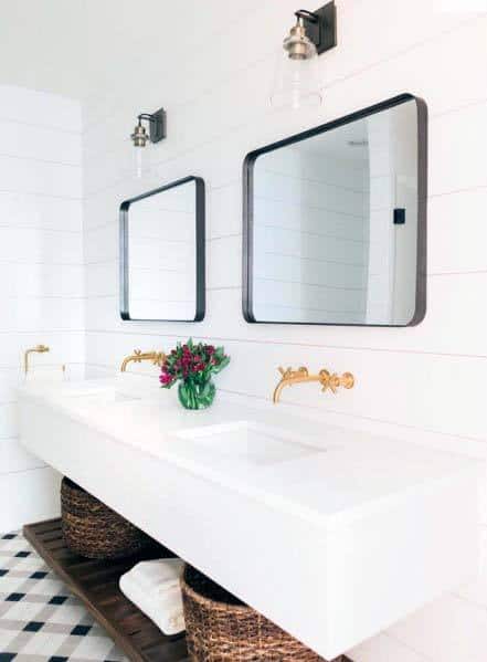 shiplap vanity wall with gold accents and dual mirrors