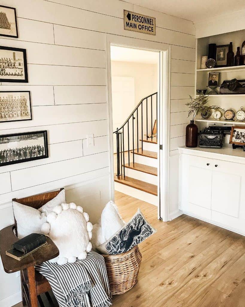 shiplap wall country living room vintage chair