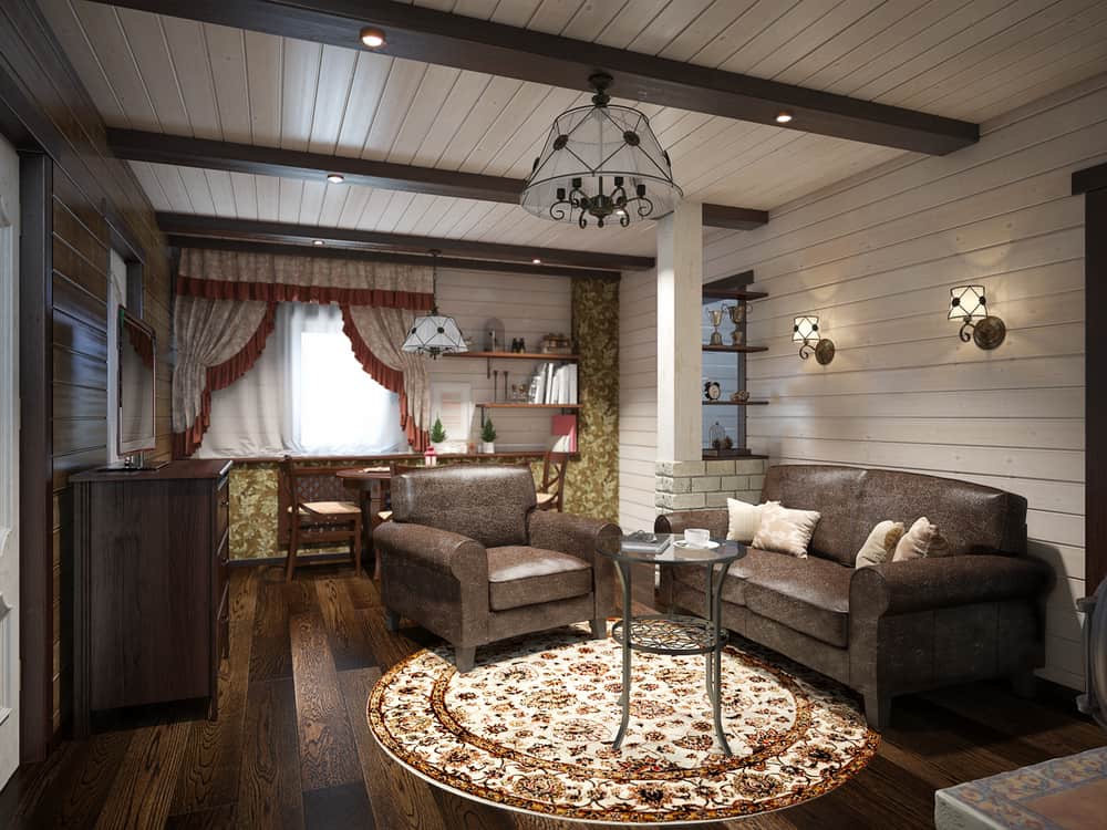 rustic living room with shiplap walls 