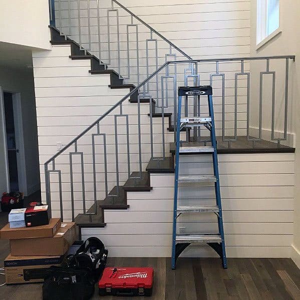 shiplap walls metal railing staircase ideas