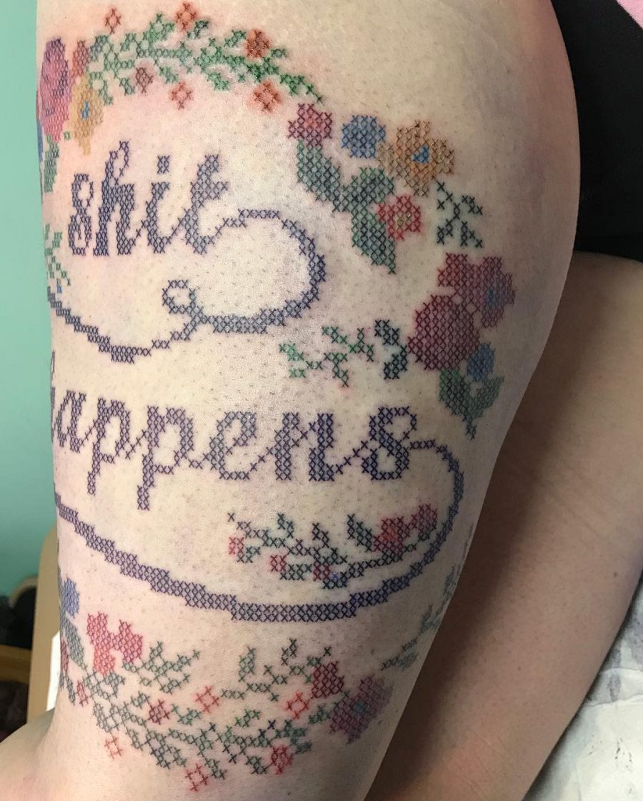 Shit Happens Crosstitch Thigh Tattoo Womens