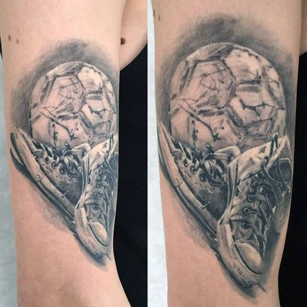 Shoes With Soccerball Mens Realistic Arm Tattoo Ideas