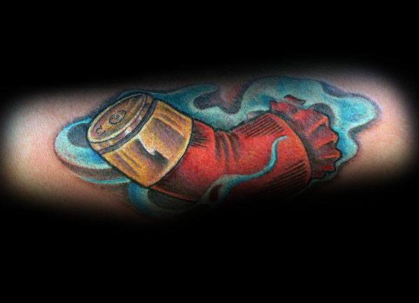 Vibrant shotgun shell tattoo with bold red and gold tones, surrounded by blue smoke for a dynamic and eye-catching design.