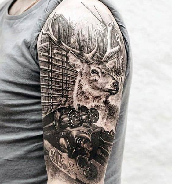 Realistic black and grey hunting-themed tattoo featuring a majestic deer, a double-barrel shotgun, and spent shells, with intricate shading and depth.