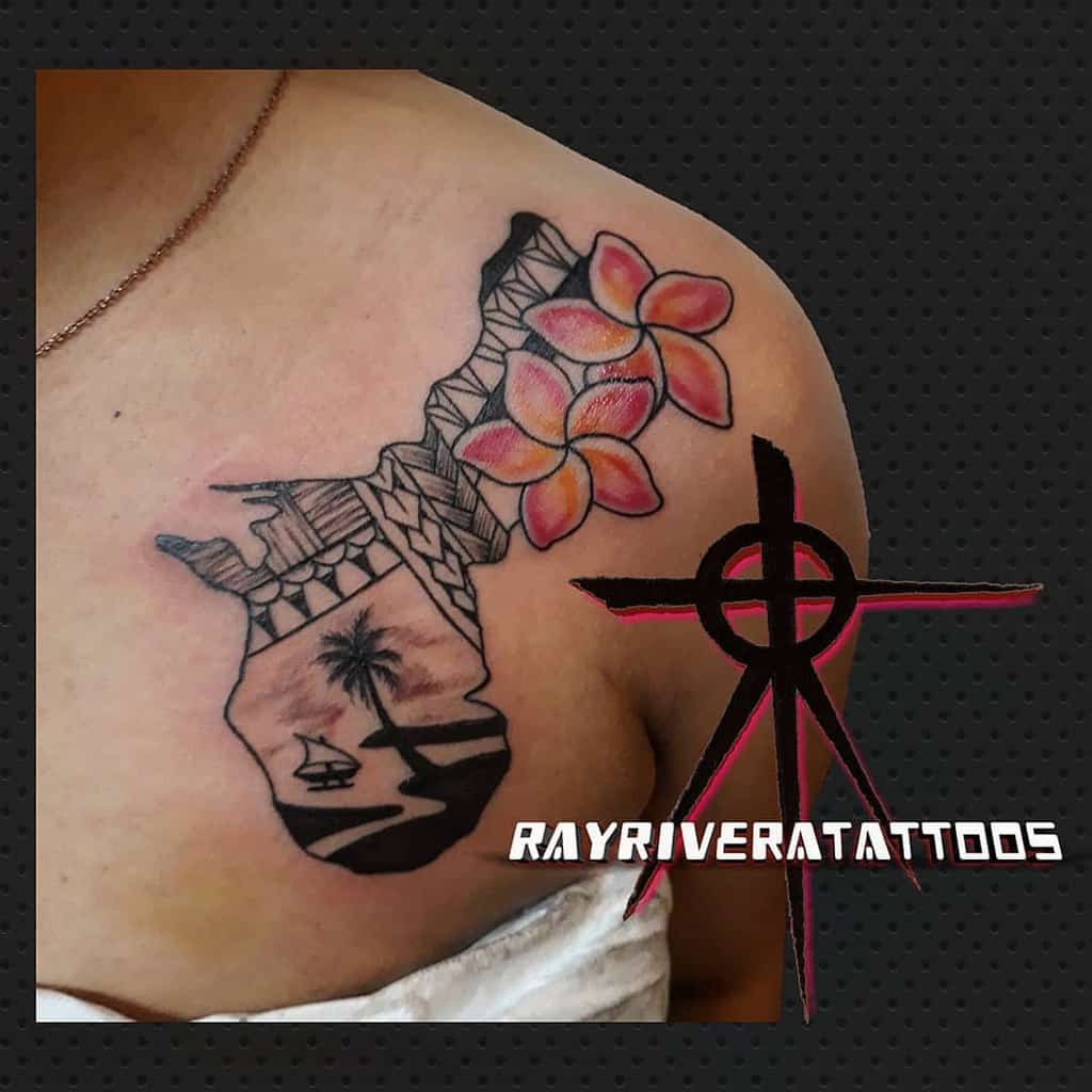 Plumeria tattoo featuring vibrant orange and pink flowers paired with tribal geometric patterns and a scenic island silhouette on the shoulder, symbolizing a tropical and cultural essence
