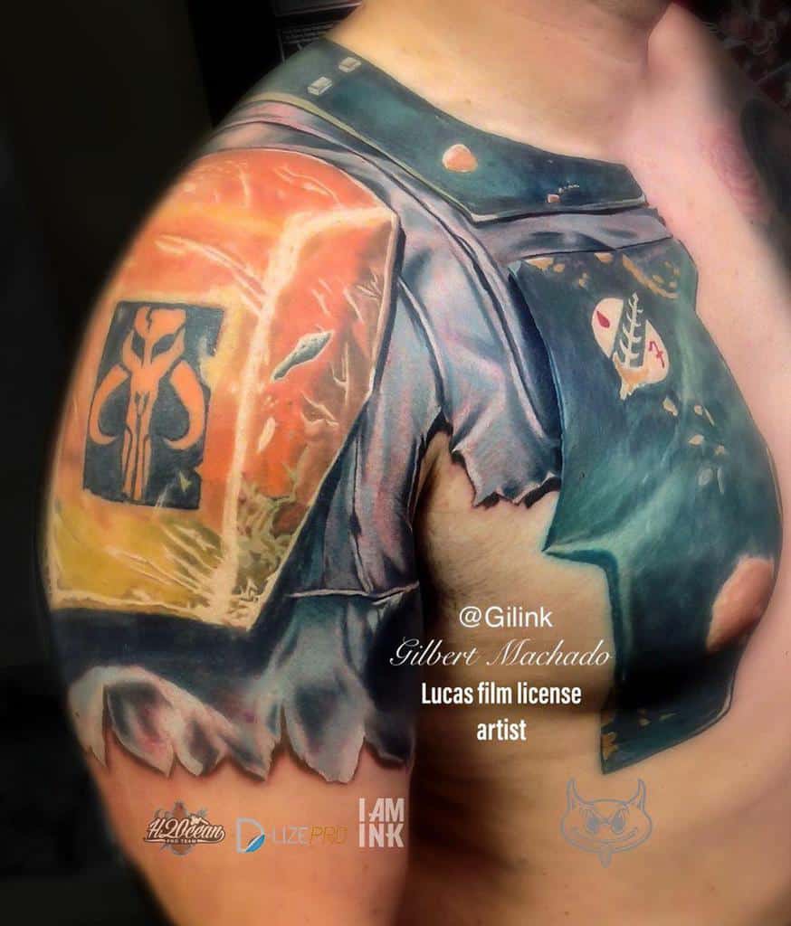 Hyper-realistic Boba Fett armor tattoo sleeve featuring detailed textures, Mythosaur symbol, and shoulder insignia across chest and arm.