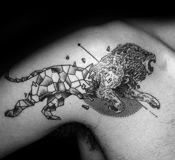 Shoulder And Arm Running Geometric Lion Mens Tattoo Designs