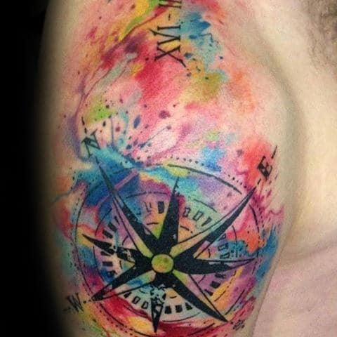 Shoulder And Arm Watercolor Compass Tattoo Ideas For Men