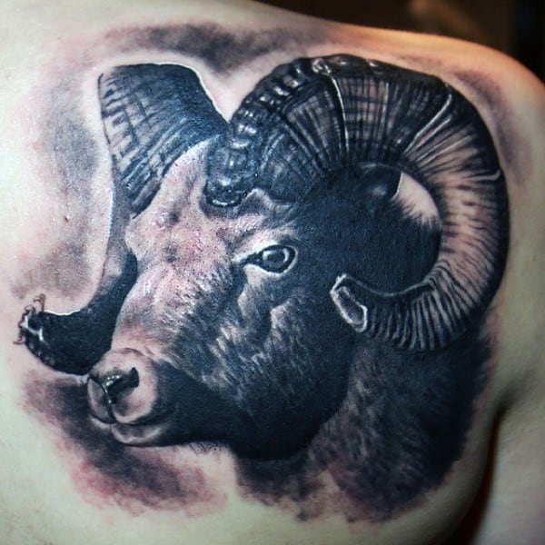 Shoulder And Back Realistic Ram Shaded Tattoos For Guys