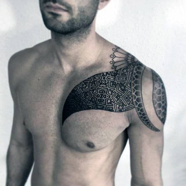 Shoulder And Chest Male Factal Tattoo Design Ideas