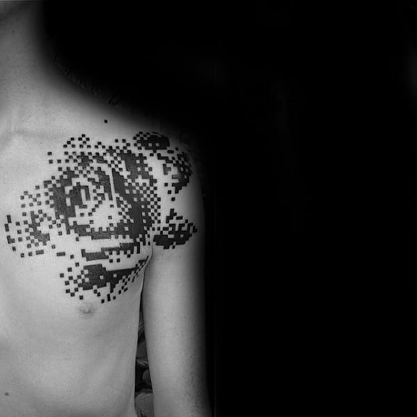 Shoulder And Chest Rose Flower Black Ink Pixel Male Tattoos
