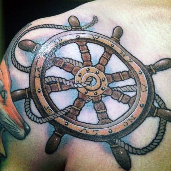 Shoulder And Chest Traditional Ship Wheel Tattoos For Men