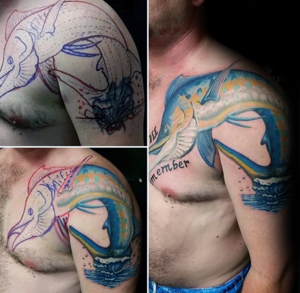 Shoulder Arm And Chest Marlin Tattoo Designs For Guys