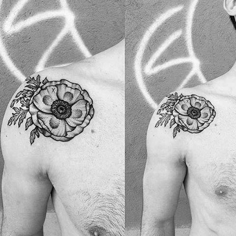 Shoulder Black Ink Outline Guys Poppy Tattoos