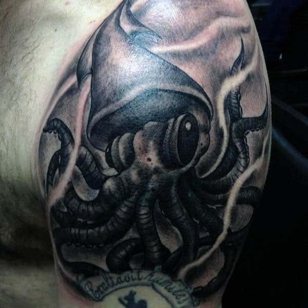 Shoulder Black Squid Tattoo For Men