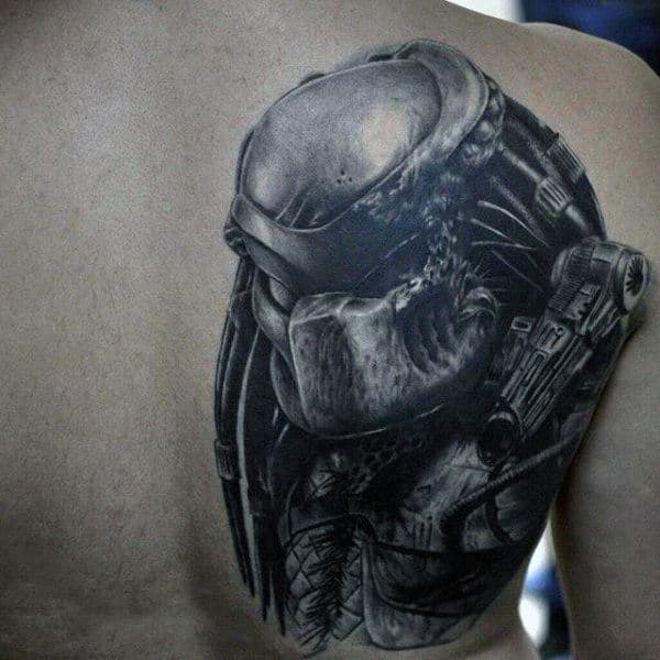 Shoulder Blade 3d Shaded Black And Grey Alien Vs Predator Tattoos For Men