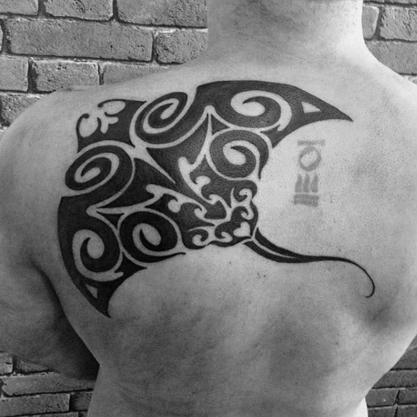 Shoulder Blade And Back Black Ink Tribal Masculine Manta Ray Tattoos For Men