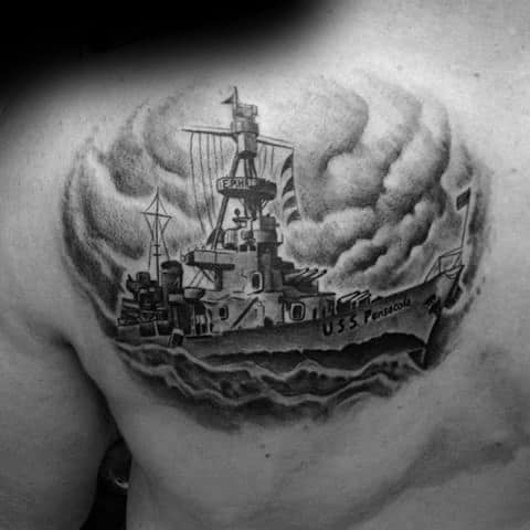 Battleship tattoo sails through waves and clouds on a shoulder
