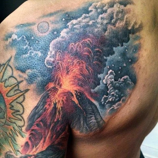 Shoulder Blade Erupting Volcano Tattoo Ideas On Guys