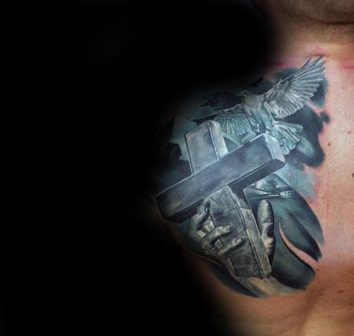 Shoulder Blade Hand Holding Cross Mens 3d Tattoos