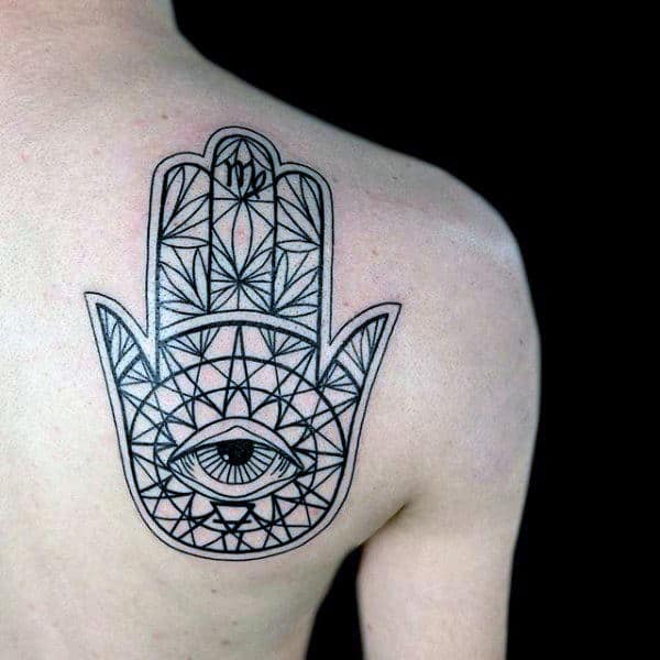 Shoulder Blade Black Ink Lines Hamsa Hand Tattoo