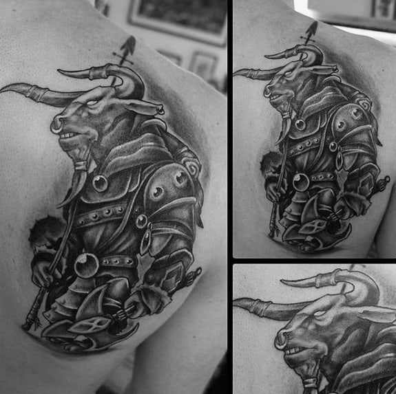 Shoulder Blade Shaded Minotaur Tattoo Designs For Guys