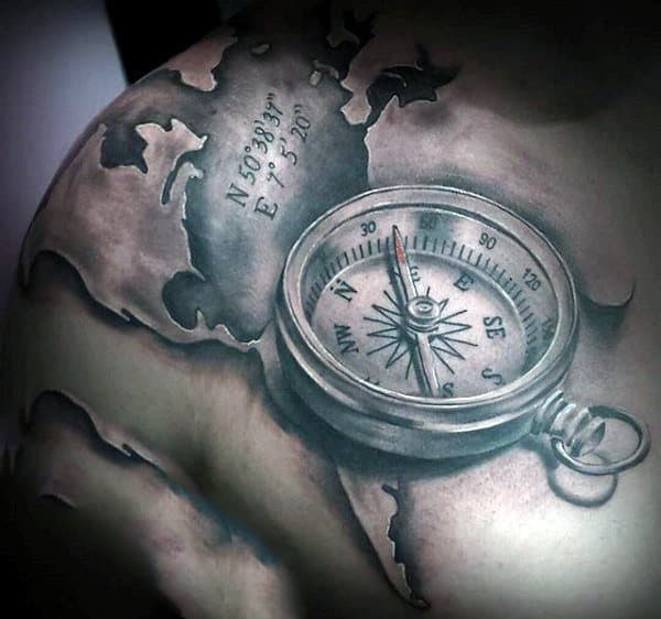Shoulder Compass And World Map Tattoo For Men