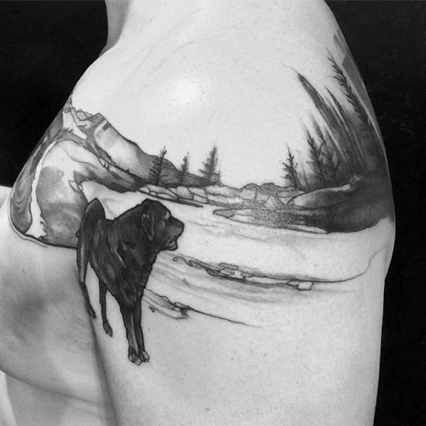 Shoulder Dog With River Guys Tattoos