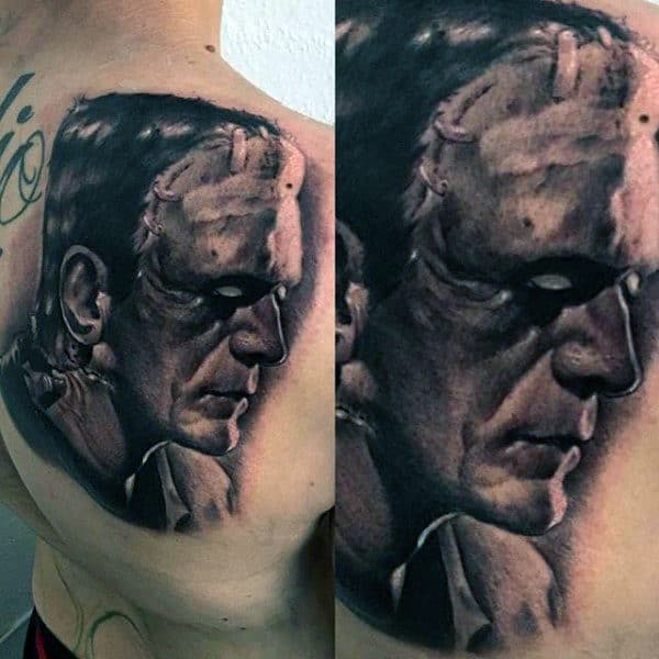 Shoulder Frankenstein Shaded Tattoo On Man