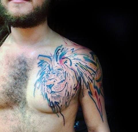 Shoulder Guys Watercolor Colorful Lion Tattoo