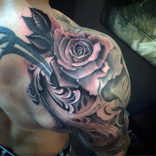 Shoulder Half Sleeve Rose Flower Filigree Male Tattoo Ideas