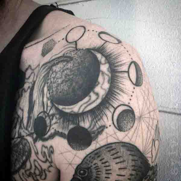 Shoulder Line Work Mens Moon Phase Tattoo