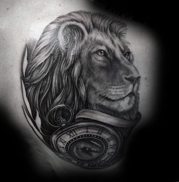Shoulder Lion With Pocket Watch Tattoo Design For Men
