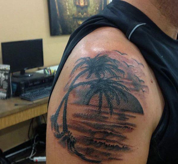 Shoulder Male Black Palm Tree Tattoo