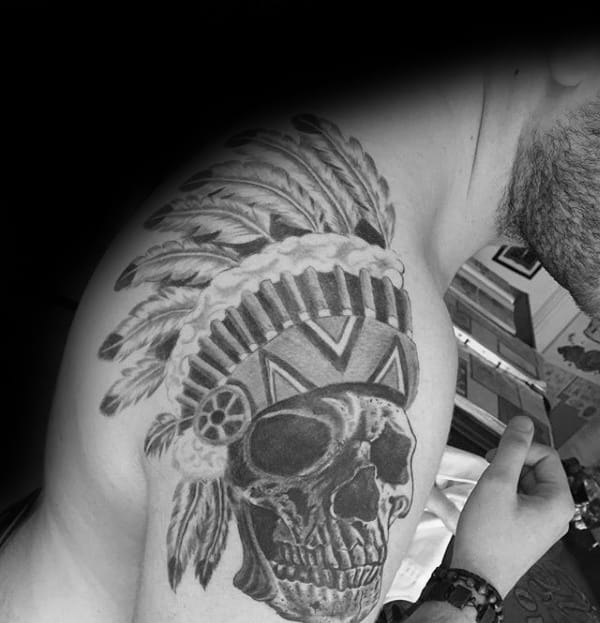 Shoulder Male Indian Skull Tattoo