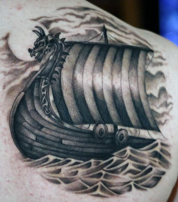 Shoulder Male Viking Boat Tattoos
